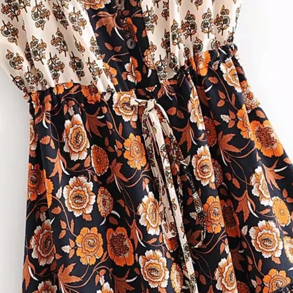 Orange Black Boho Floral Gypsy Print Cami Dress - Picture 7 of 7